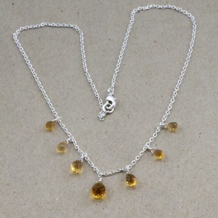 Citrine Drop gemstone necklace for women, 925 Sterling silver necklace